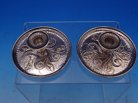 Candle Stick pair hand hammered w/ applied gold butterflies one has old repair on bottom circa 1880 wt. 4.2ozt 3
